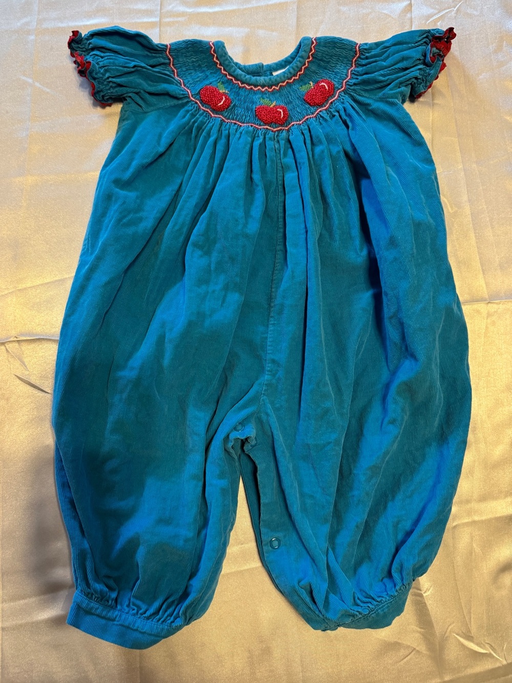 Little English Teal Romper with Red Apple Smocking Size 18M
